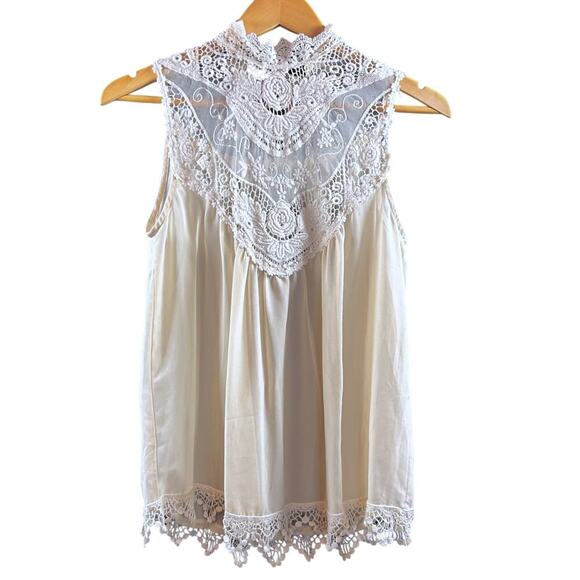 Boho Chic Crochet Lace Sheer Cottage Sleeveless Festival Coastal Cream Top MED - Picture 2 of 10